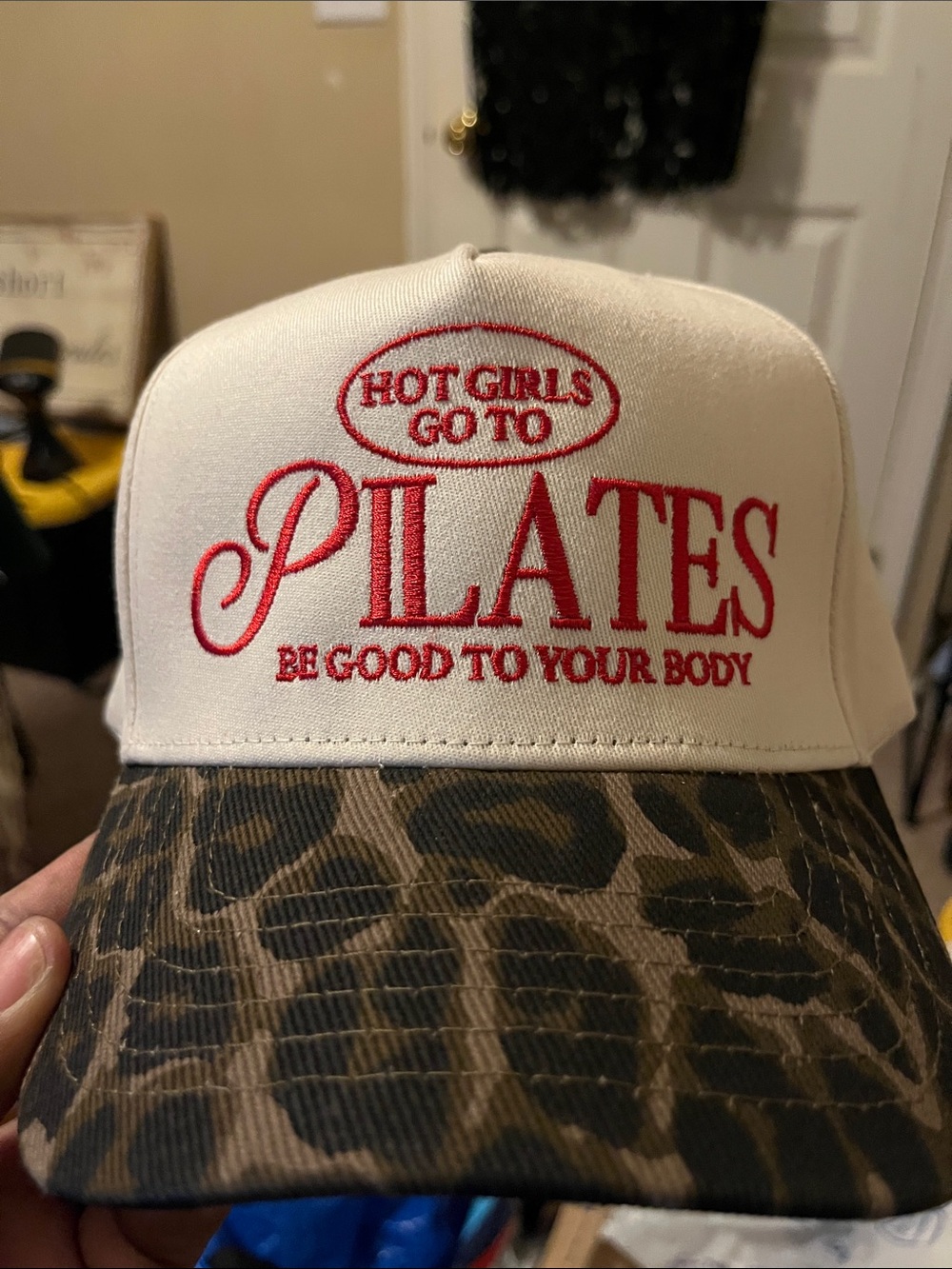 White and Brown Leopard-Print Trucker Hat with Red Embroidery